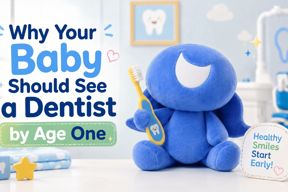 Blue PDC plush mascot holding a toothbrush in a pediatric dental office for a baby’s first dental visit by age one.
