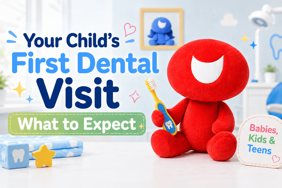 Red PDC plush mascot holding a toothbrush in a pediatric dental office, illustrating what to expect during your child’s first dental visit.