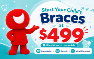 Red Pediatric Dental Centers mascot promoting children’s braces starting at $499 in Miami and North Lauderdale
