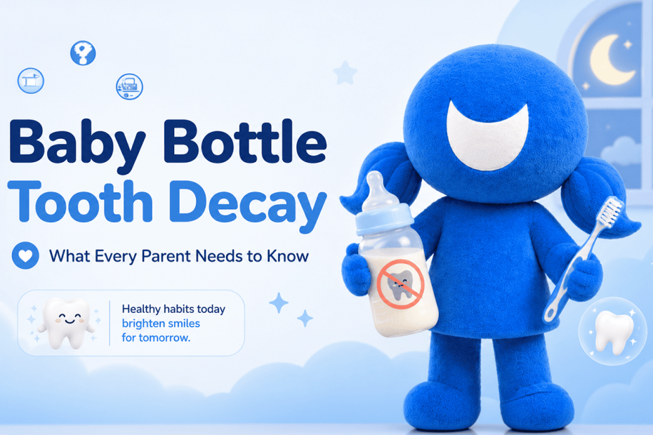 Blue Pediatric Dental Centers mascot holding a toothbrush and baby bottle for a blog about baby bottle tooth decay prevention.
