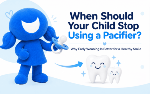 Blue Pediatric Dental Centers mascot holding a pacifier next to a healthy smiling tooth