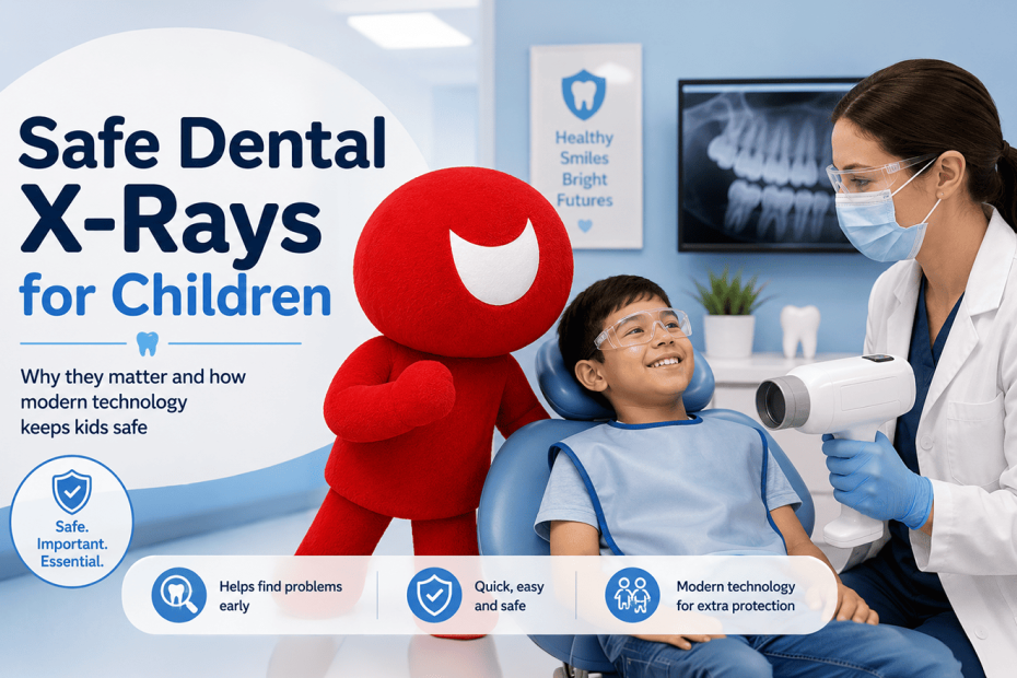 Pediatric dentist using a handheld dental X-ray device with a child wearing protective glasses and the red Pediatric Dental Centers mascot.
