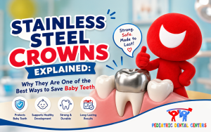 Stainless steel crown used to restore a damaged baby tooth