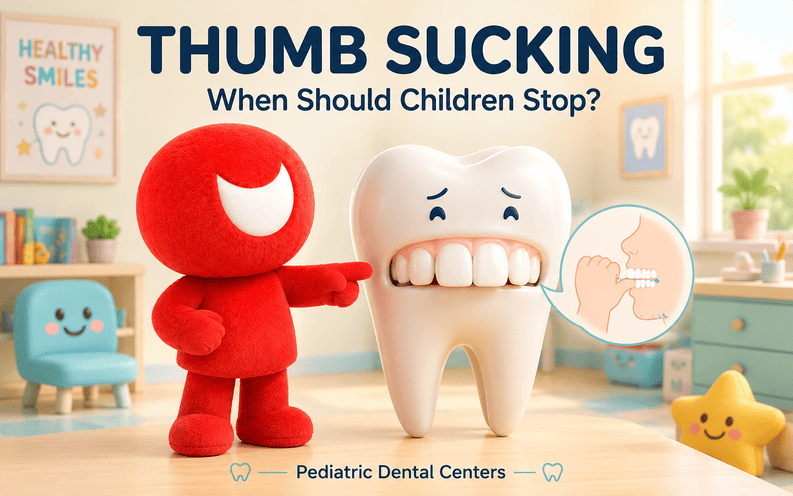 Red Pediatric Dental Centers mascot explaining how thumb sucking can affect children’s teeth and bite development. Pediatric Dental Centers