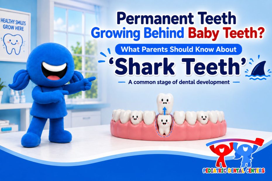 Illustration explaining shark teeth in children — a permanent tooth erupting behind a baby tooth