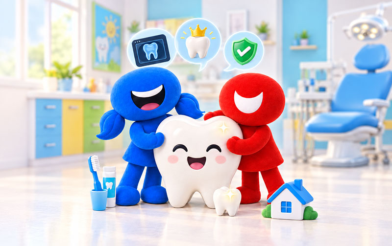 PDC mascots showing a child cavity treatment at a pediatric dental office in South Florida