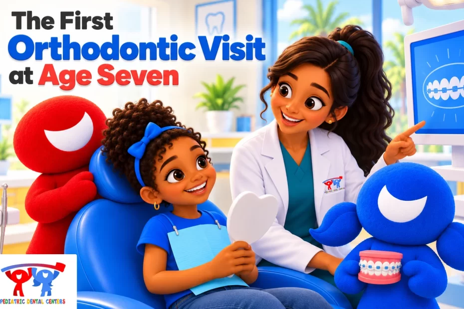 Dentist showing a seven-year-old girl a braces model during her first orthodontic visit