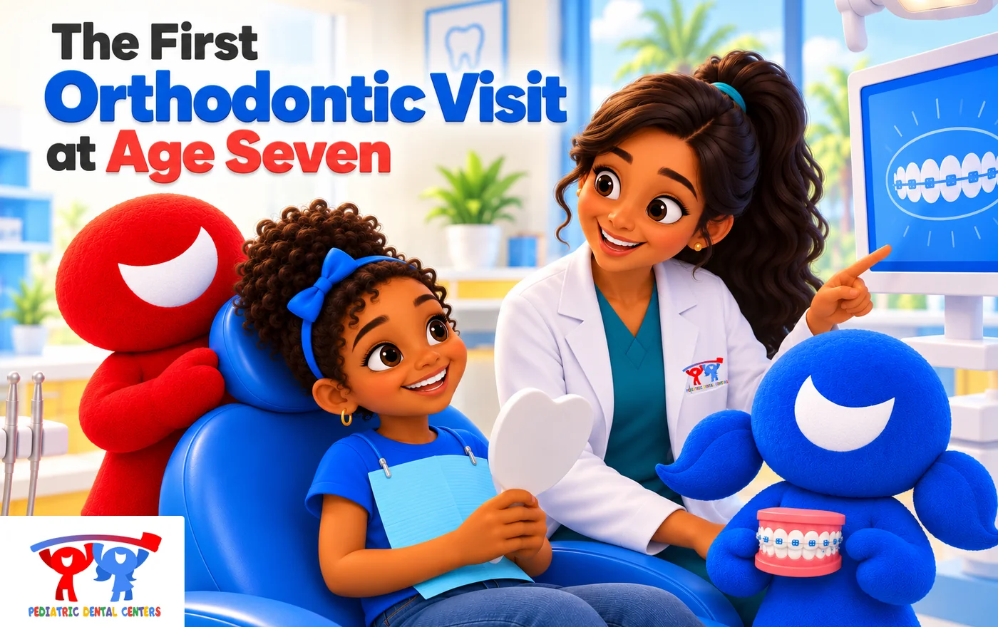 Dentist showing a seven-year-old girl a braces model during her first orthodontic visit