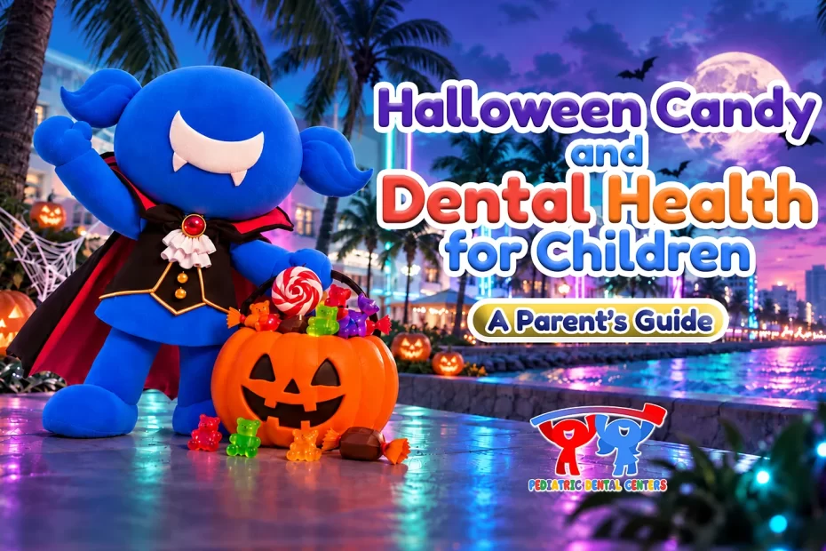 Halloween Candy and Dental Health for Children: A Parent's Guide — vampire mascot with a pumpkin candy bucket on a Miami beach boardwalk