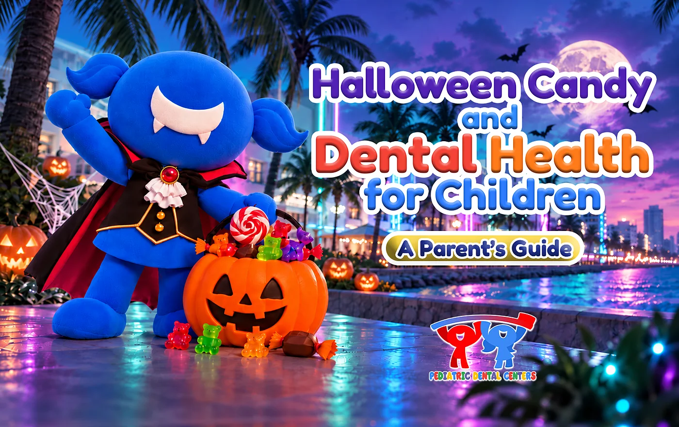 Halloween Candy and Dental Health for Children: A Parent's Guide — vampire mascot with a pumpkin candy bucket on a Miami beach boardwalk